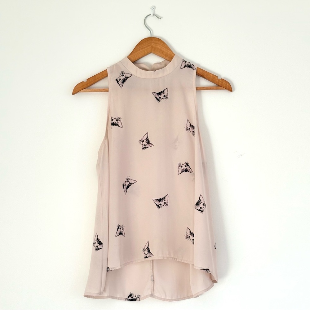 Everly White Sleeveless Cat Print Blouse | Kitten Pattern High-Neck Top